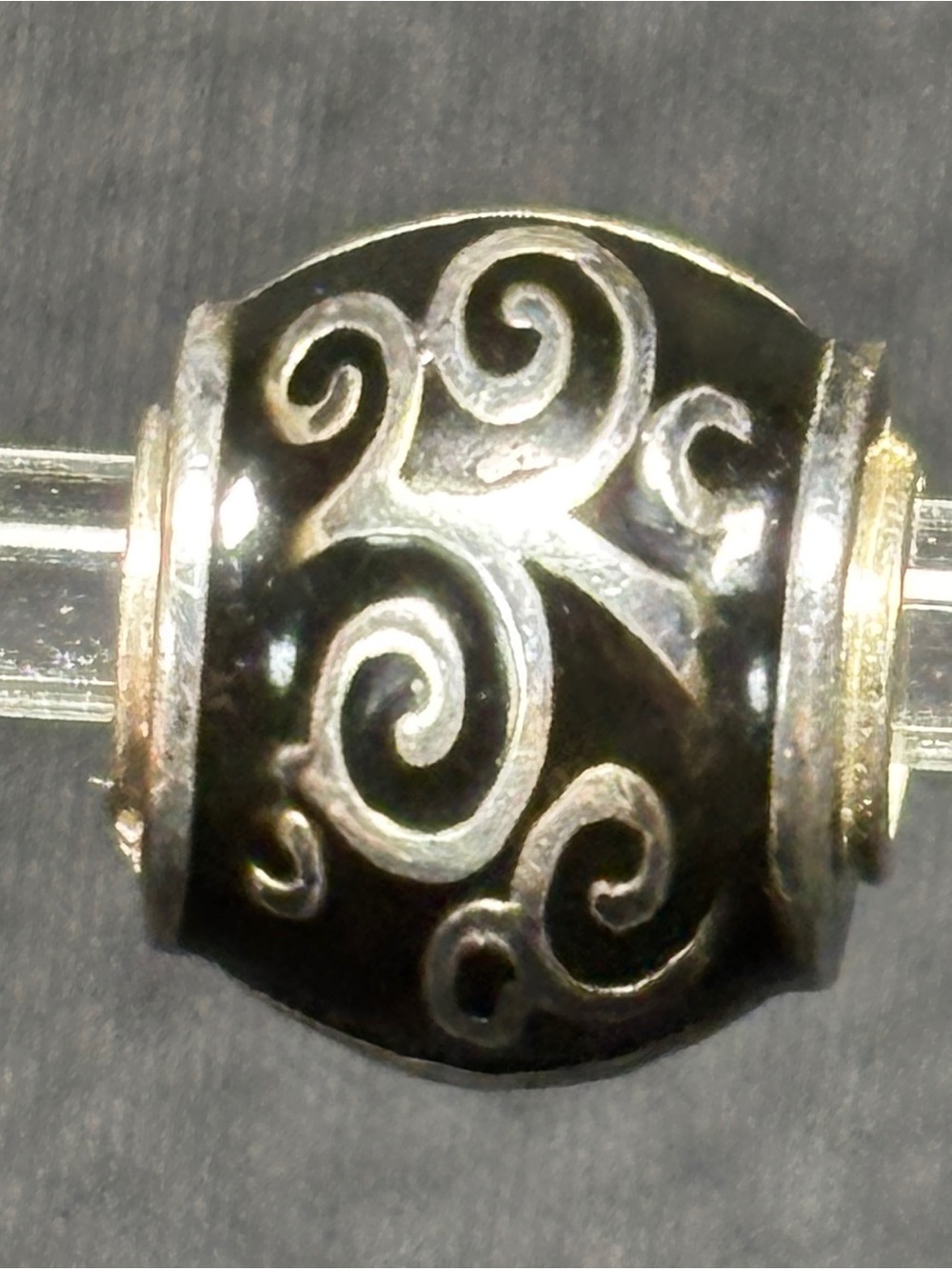 Halia Black Swirl Barrel Bead Charm - Sterling silver